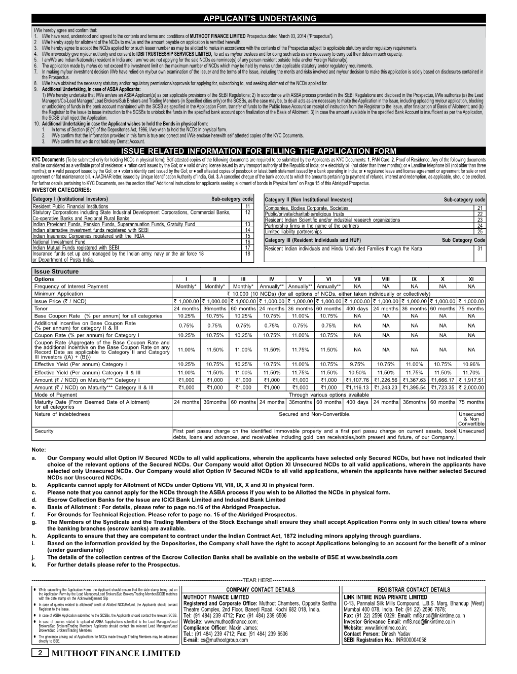 Muthoot Finance Limited in the Nature of Form 2A - Memorandum Containing Salient Features of the Prospectus