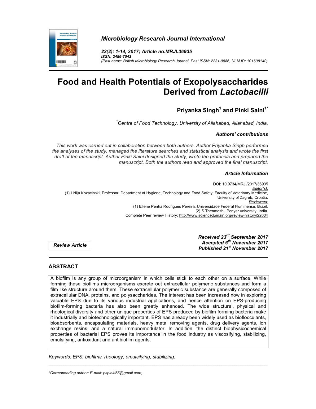 Food and Health Potentials of Exopolysaccharides Derived from Lactobacilli