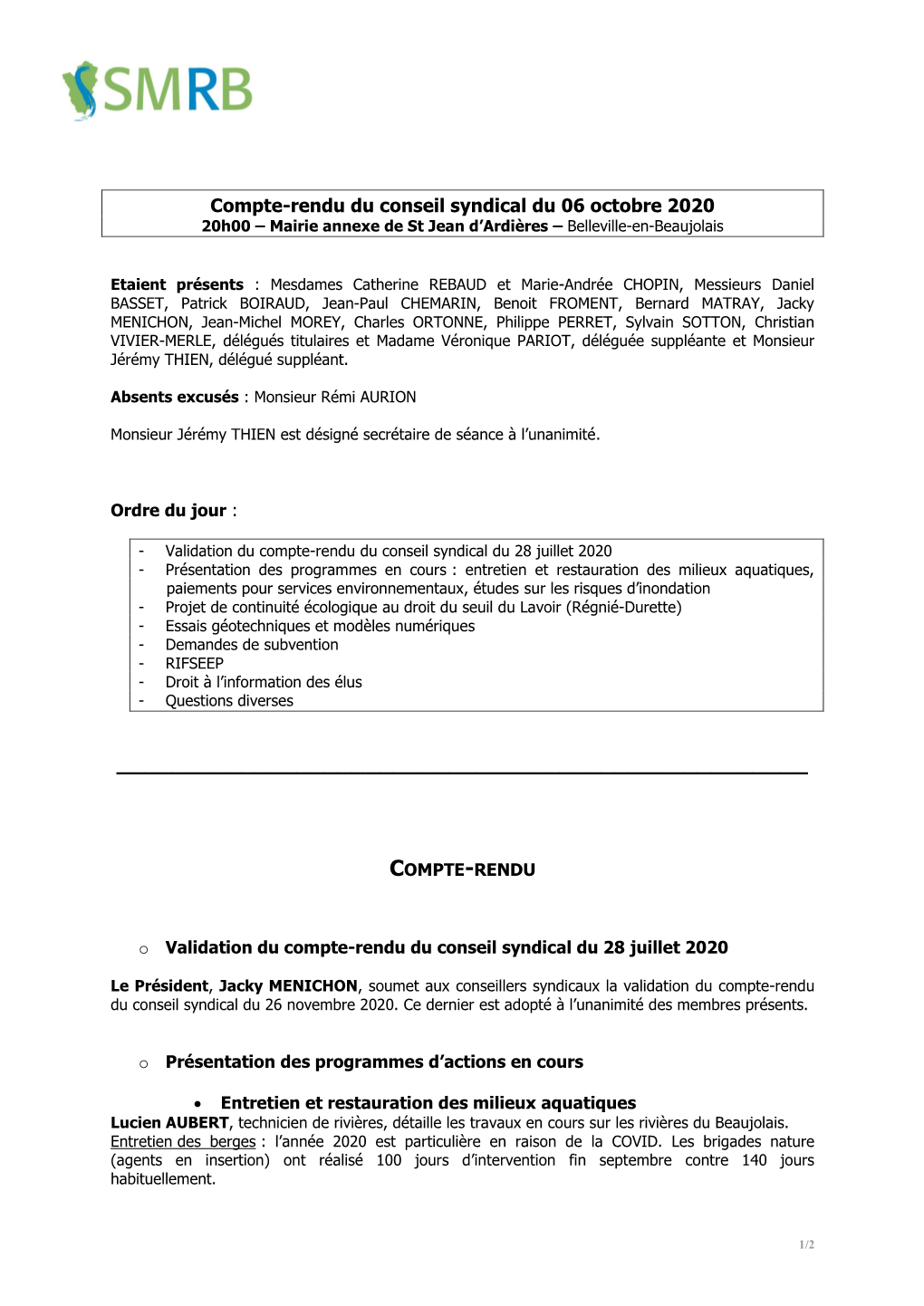 Compte-Rendu Du Conseil Syndical Du 06 Octobre 2020 20H00 – Mairie Annexe De St Jean D’Ardières – Belleville-En-Beaujolais