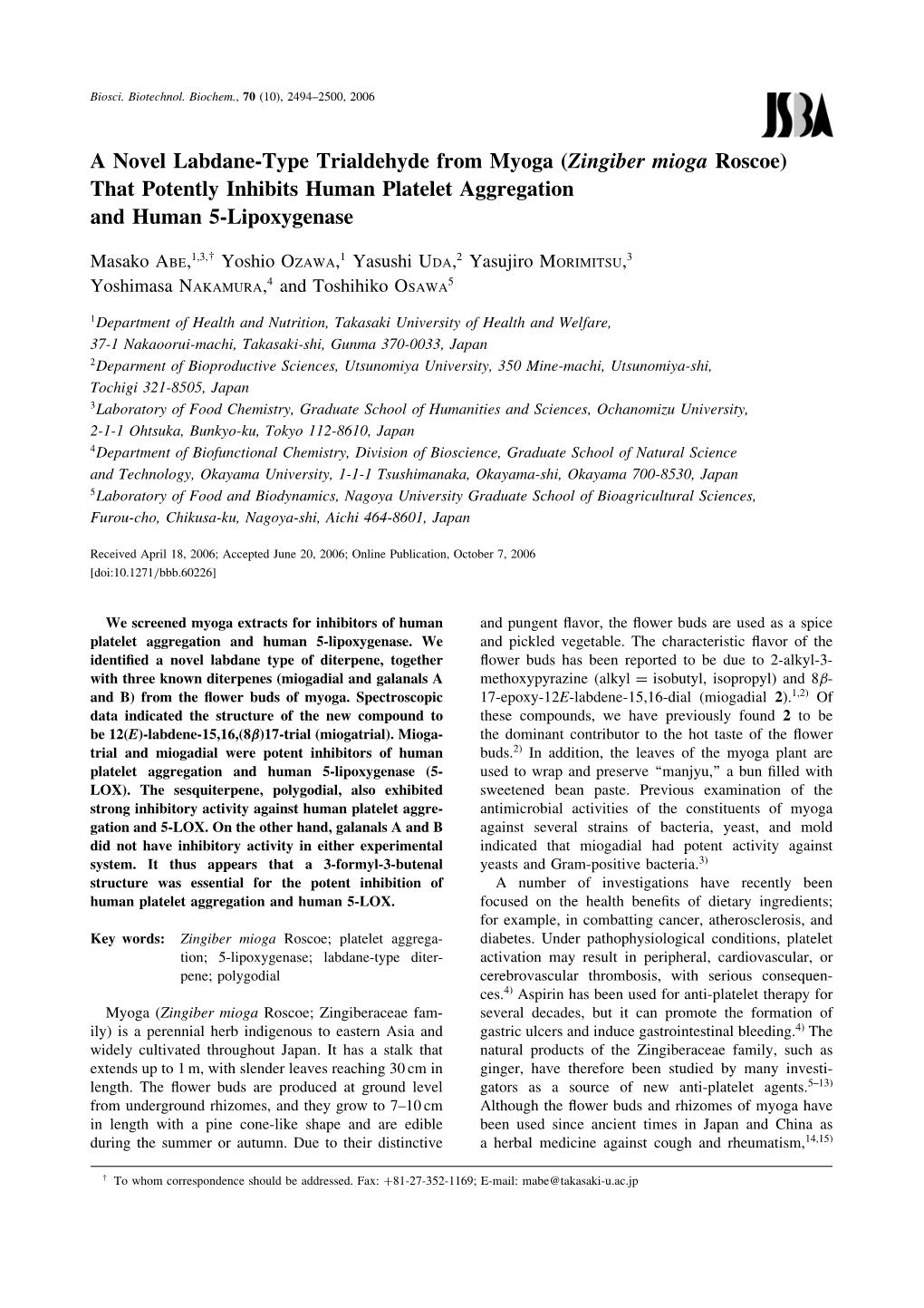 Zingiber Mioga Roscoe) That Potently Inhibits Human Platelet Aggregation and Human 5-Lipoxygenase