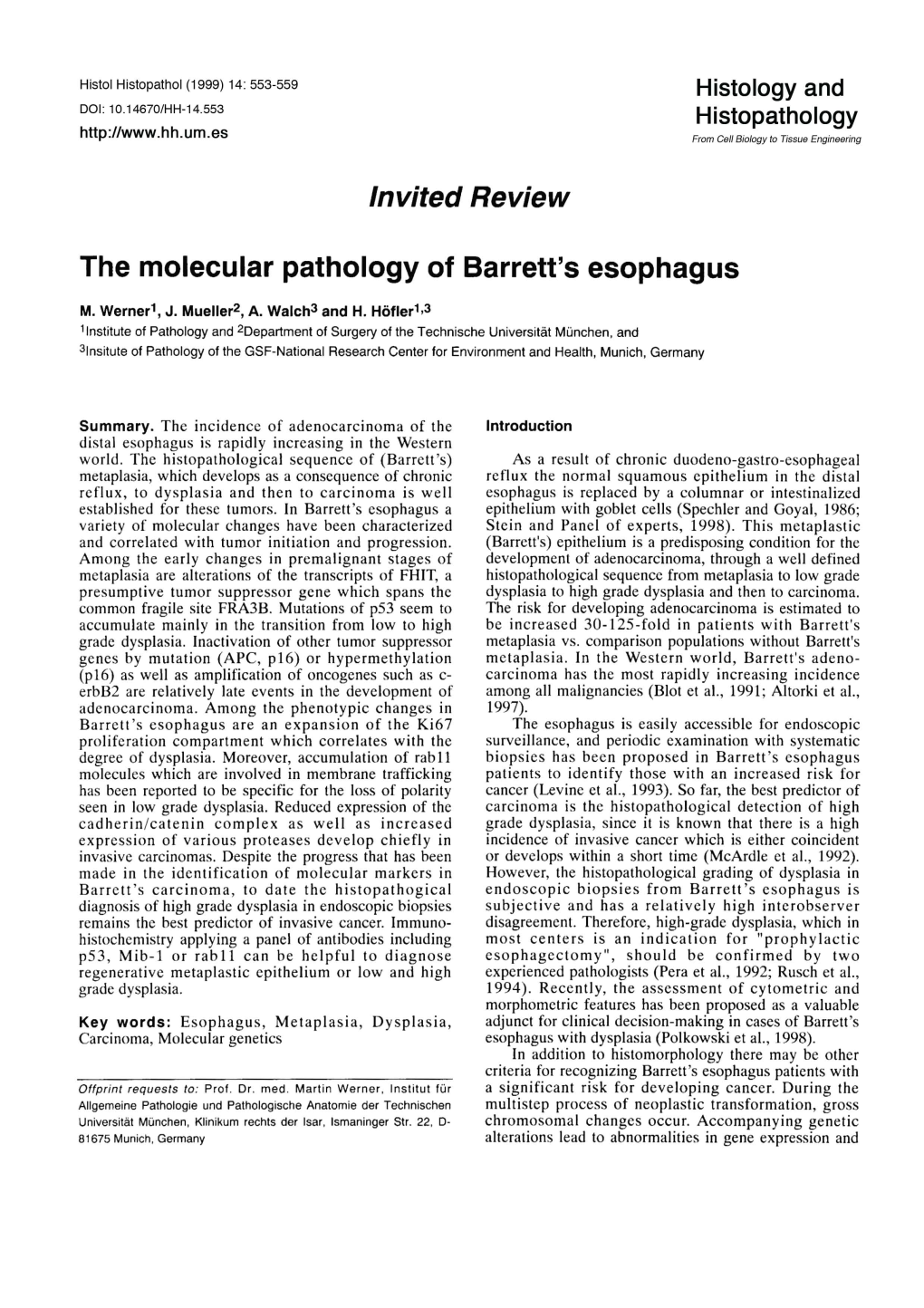 Invited Review the Molecular Pathology of Barrett's Esophagus