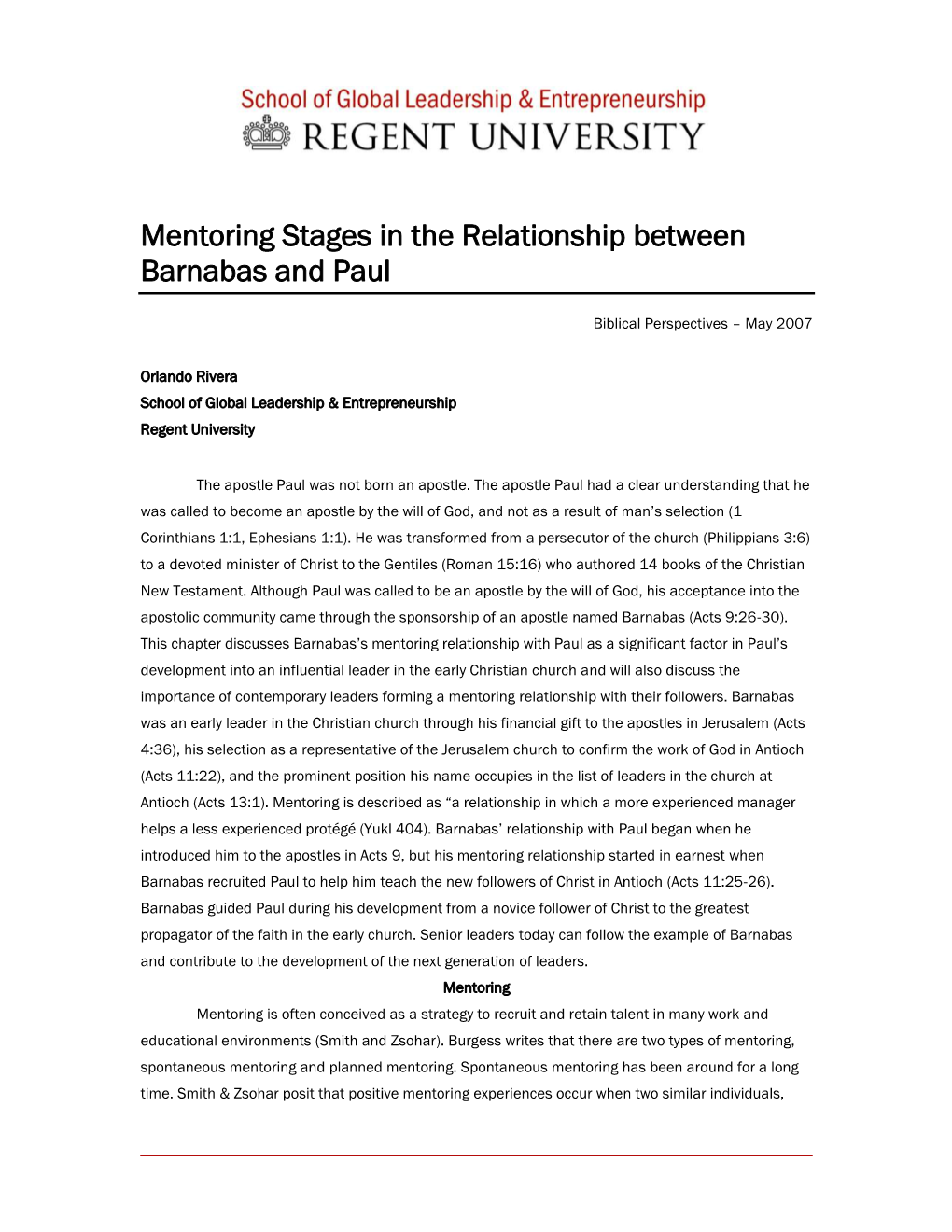 Mentoring Stages in the Relationship Between Barnabas and Paul