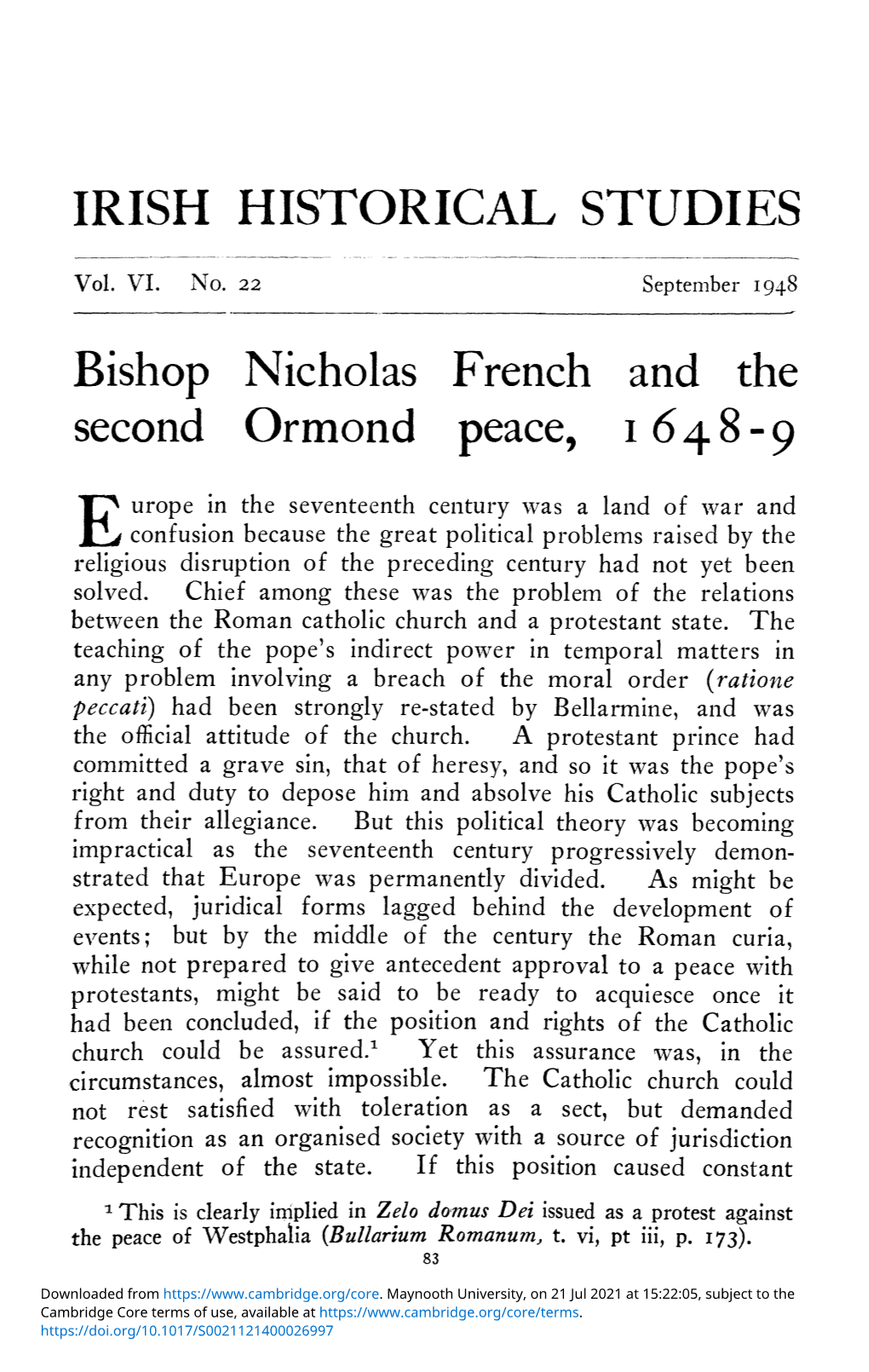 Bishop Nicholas French and the Second Ormond Peace, I 6 4 8 - 9