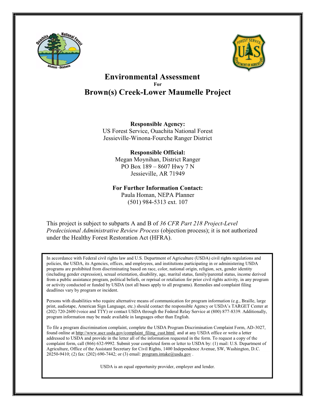 Environmental Assessment for Brown(S) Creek-Lower Maumelle Project