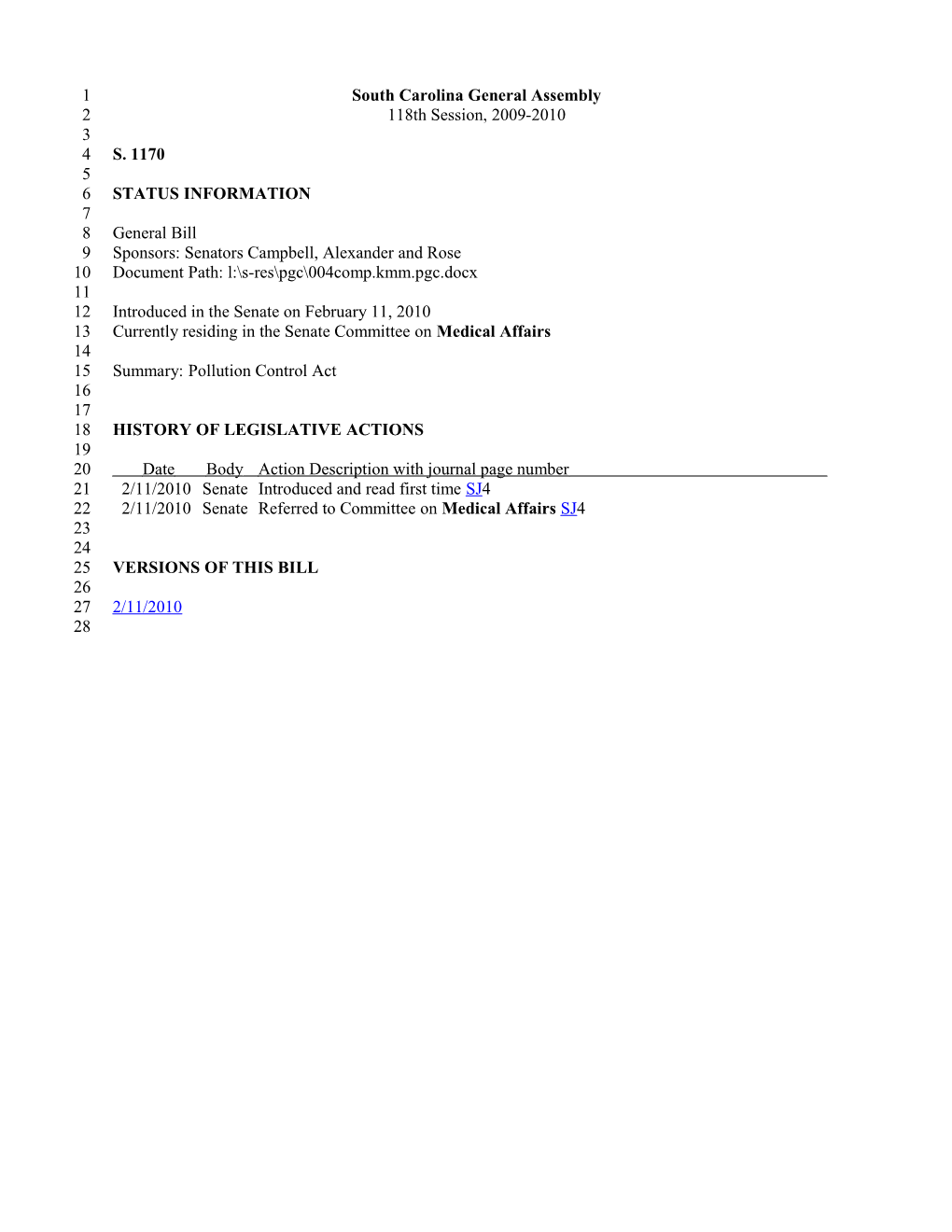 2009-2010 Bill 1170: Pollution Control Act - South Carolina Legislature Online