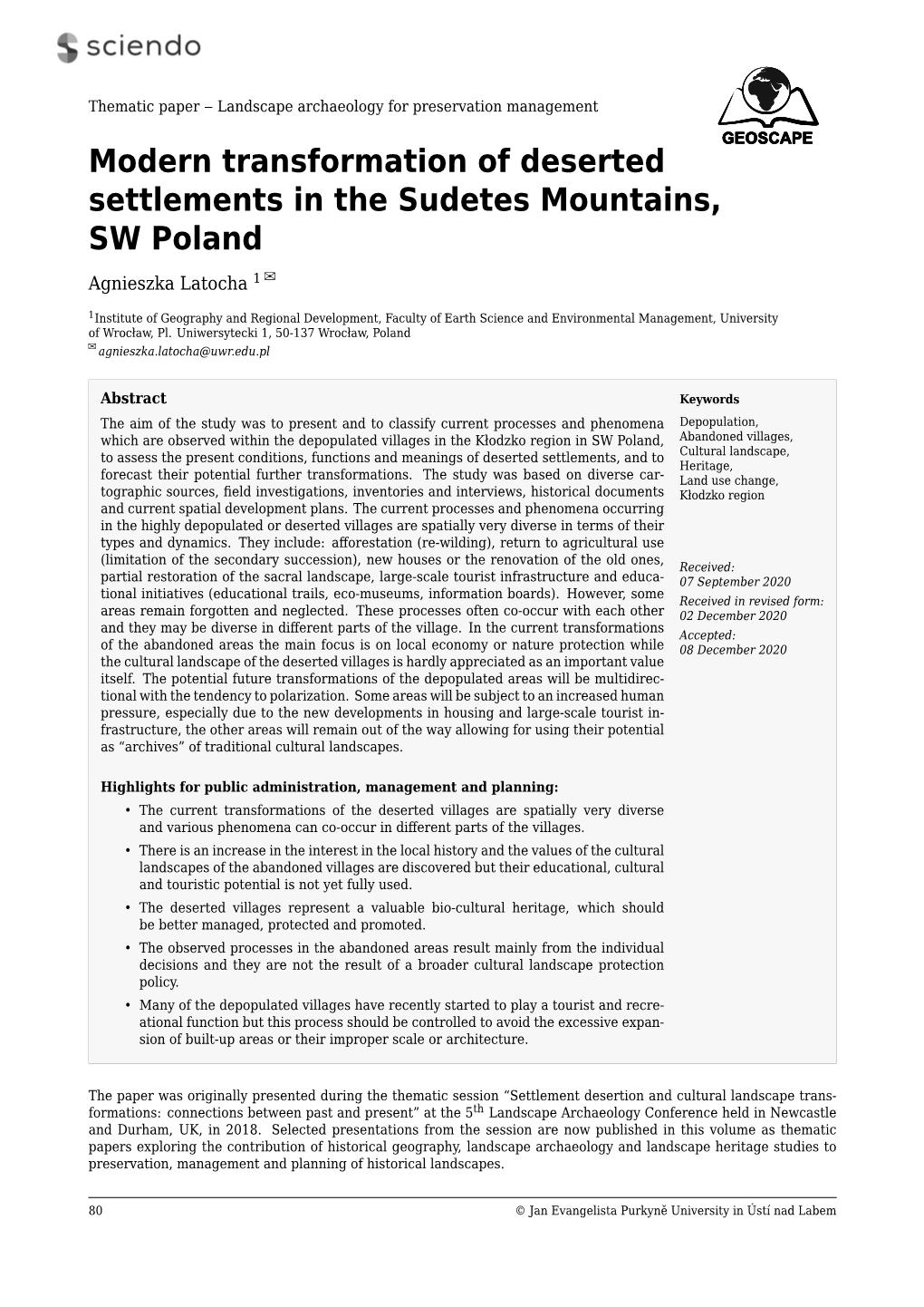 Modern Transformation of Deserted Settlements in the Sudetes Mountains, SW Poland