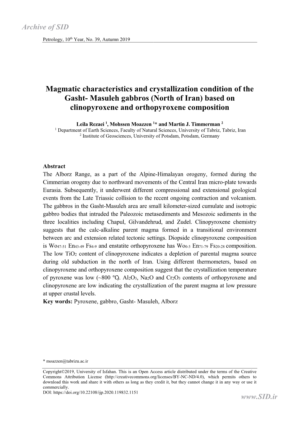 Masuleh Gabbros (North of Iran) Based on Clinopyroxene and Orthopyroxene Composition