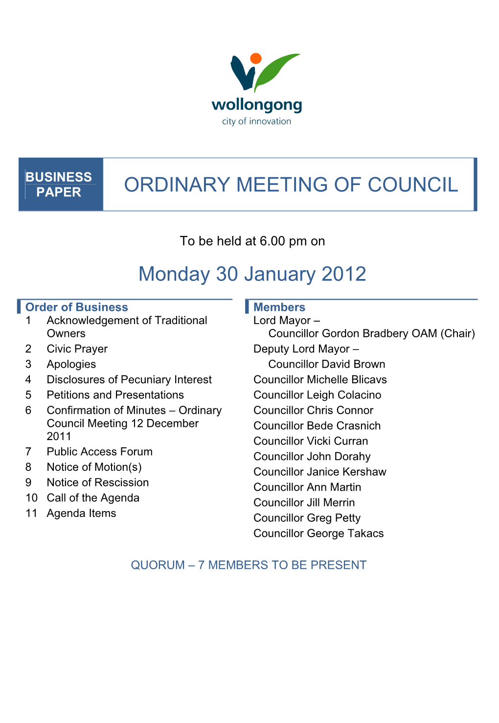 Council Business Paper 30 January 2012