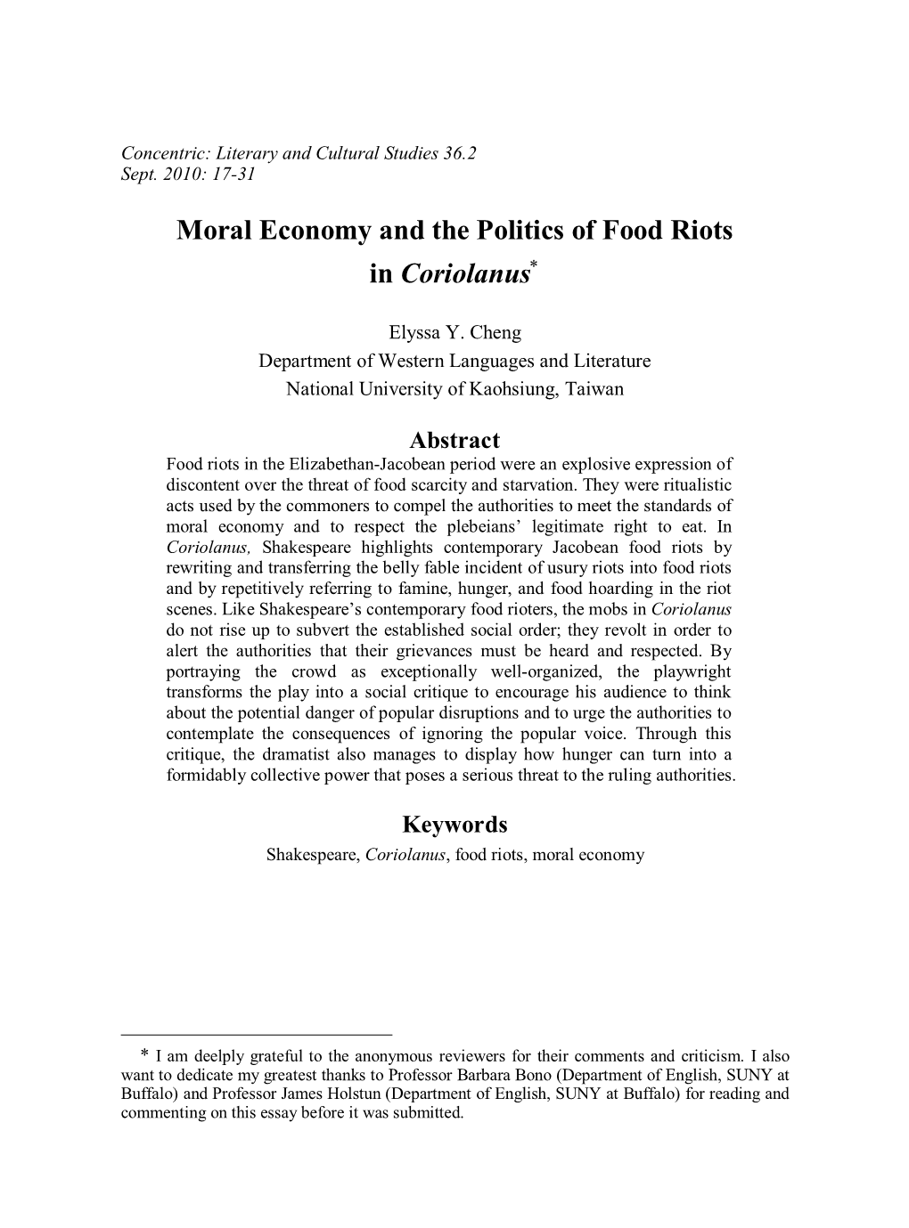 Moral Economy and the Politics of Food Riots in Coriolanus