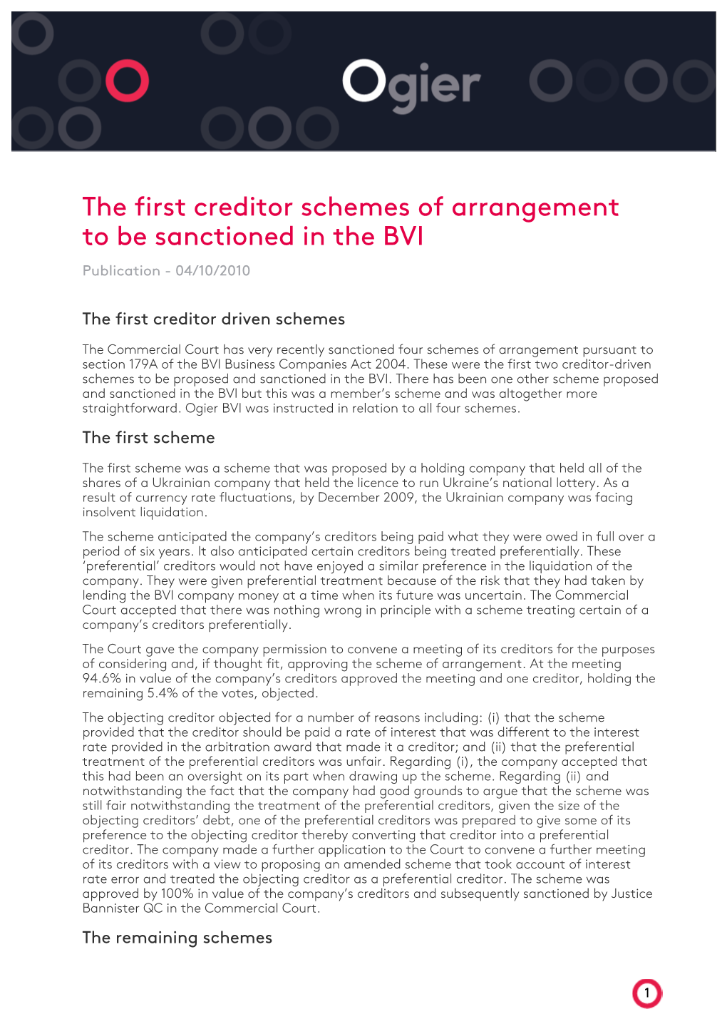 The First Creditor Schemes of Arrangement to Be Sanctioned in the BVI Publication - 04/10/2010