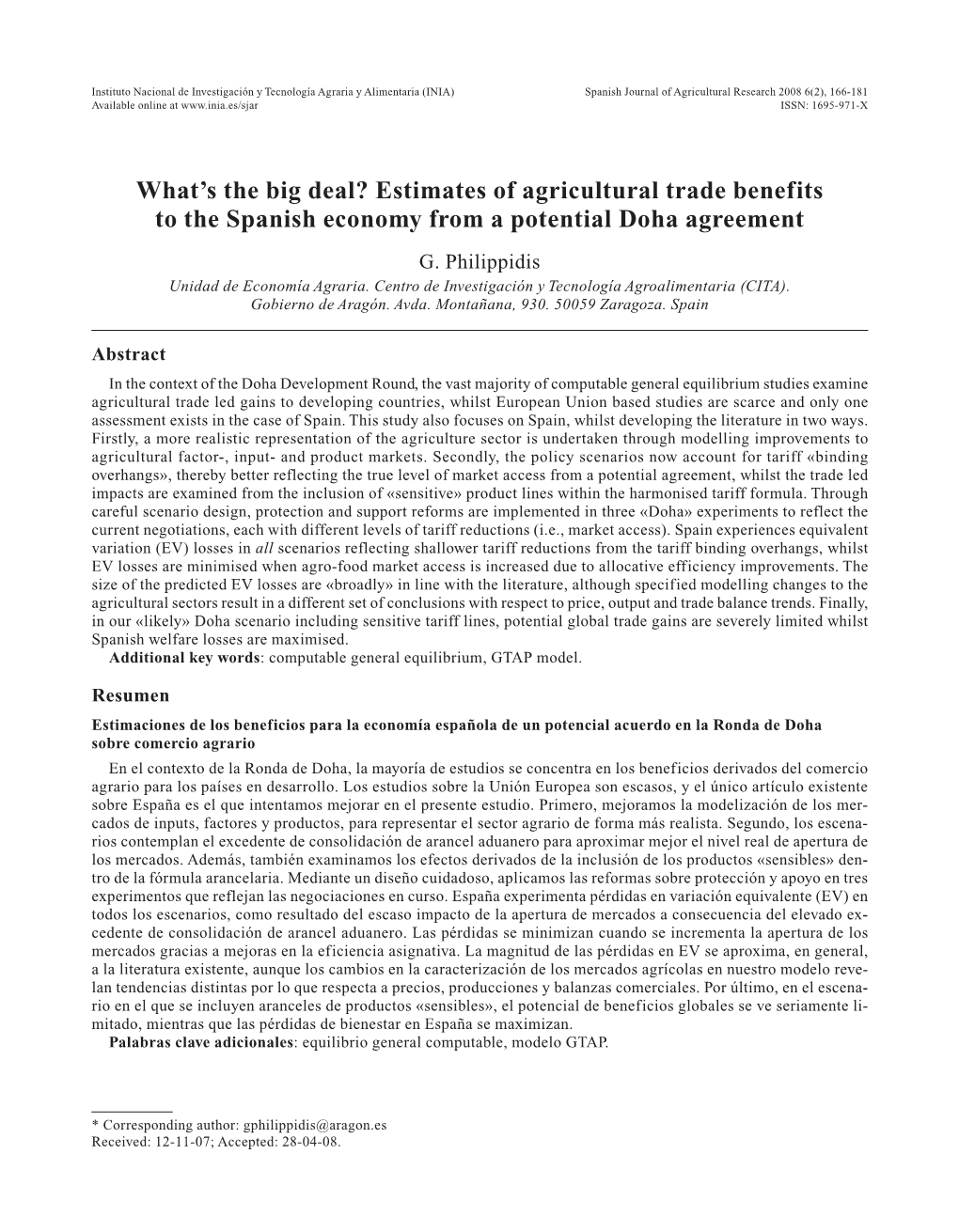 Estimates of Agricultural Trade Benefits to the Spanish Economy from a Potential Doha Agreement G