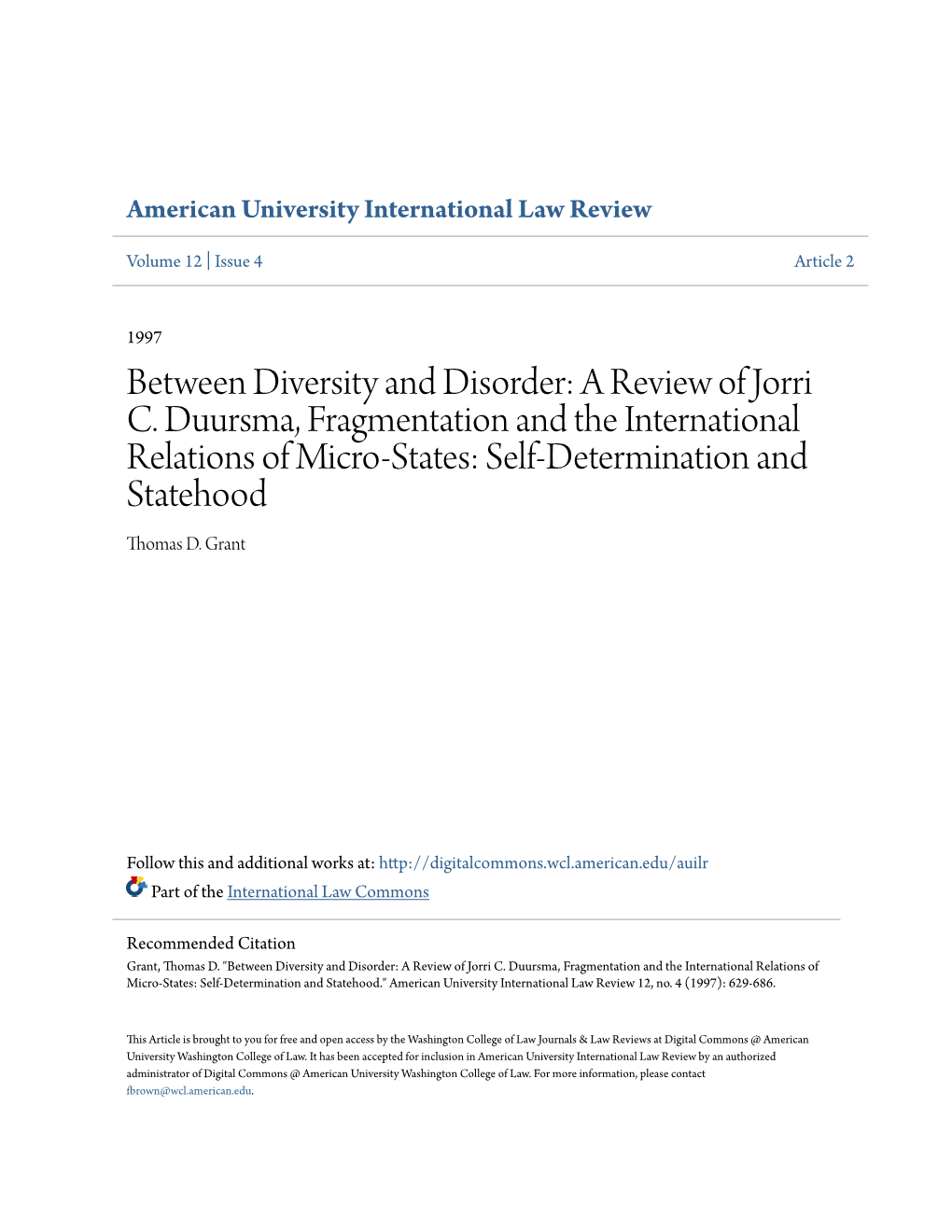 A Review of Jorri C. Duursma, Fragmentation and the International Relations of Micro-States: Self-Determination and Statehood Thomas D