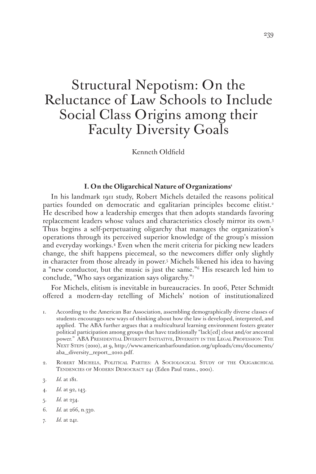 Structural Nepotism: on the Reluctance of Law Schools to Include Social Class Origins Among Their Faculty Diversity Goals
