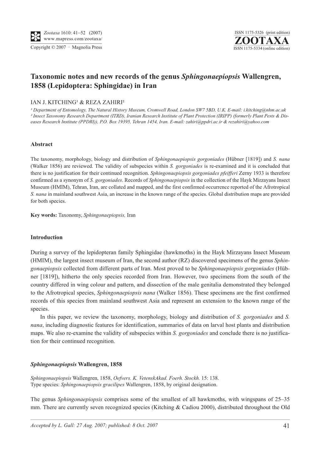 Zootaxa,Taxonomic Notes and New Records of the Genus Sphingonaepiopsis Wallengren