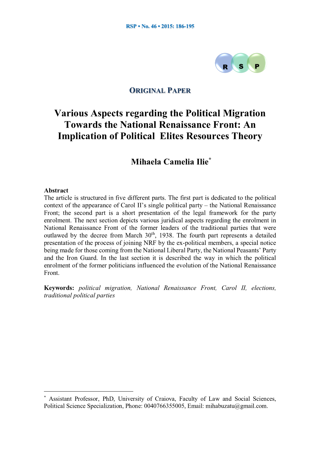 Various Aspects Regarding the Political Migration Towards the National Renaissance Front: an Implication of Political Elites Resources Theory