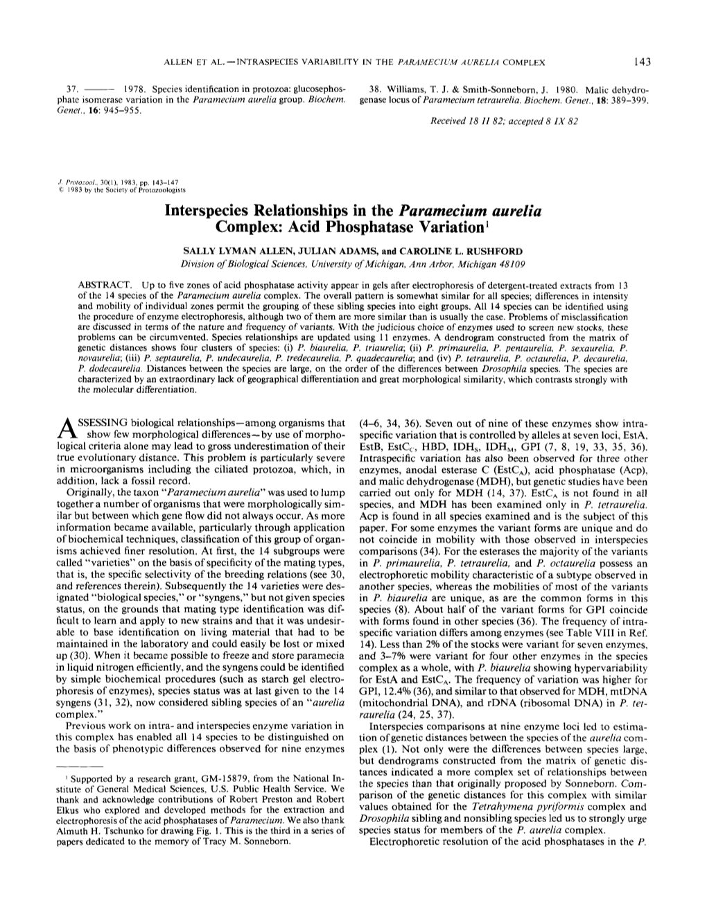 Interspecies Relationships in the Paramecium Aurelia Complex: Acid Phosphatase Variation’