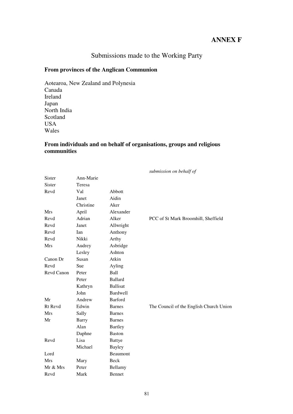 ANNEX F Submissions Made to the Working Party