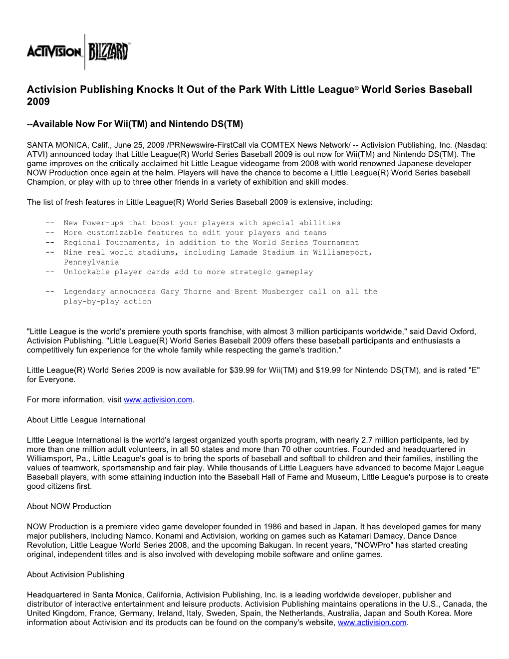 Activision Publishing Knocks It out of the Park with Little League® World Series Baseball 2009