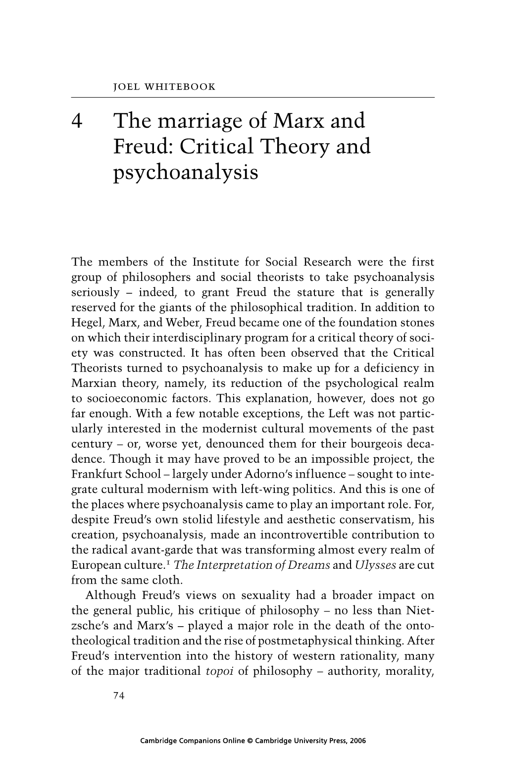 4 the Marriage of Marx and Freud: Critical Theory and Psychoanalysis