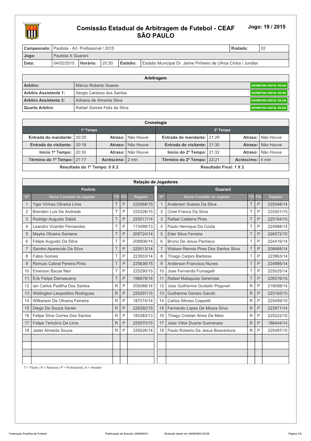 Comissão Estadual De Arbitragem De Futebol - CEAF Jogo: 19 / 2015 SÃO PAULO