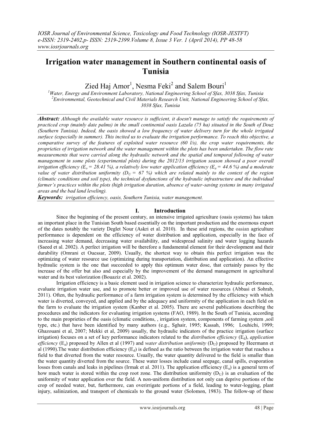 Irrigation Water Management in Southern Continental Oasis of Tunisia