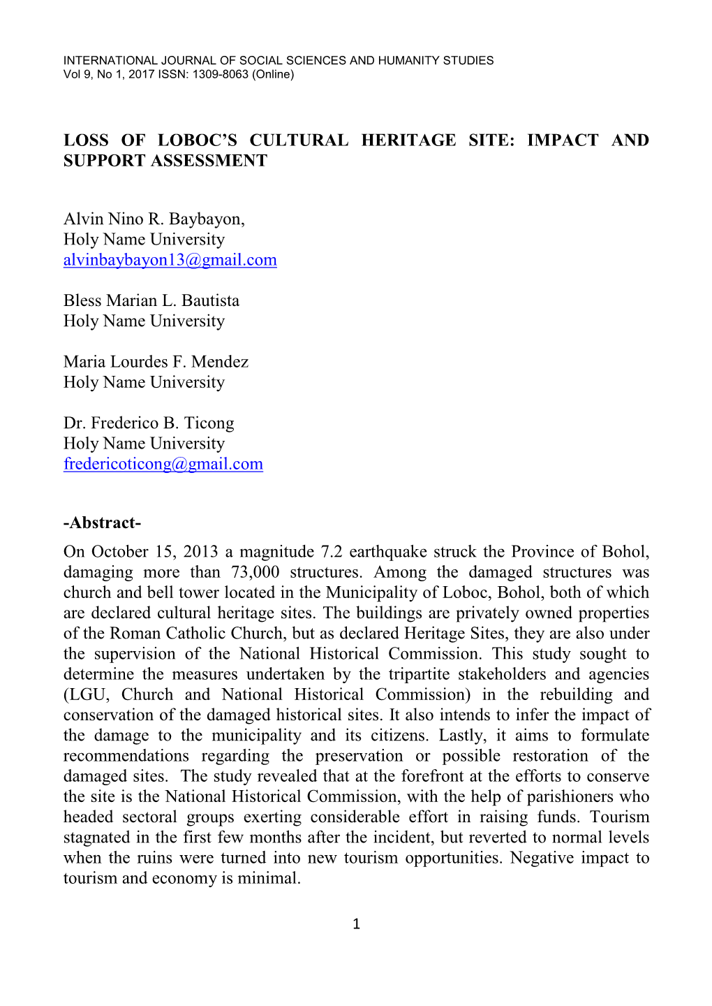 LOSS of LOBOC's CULTURAL HERITAGE SITE: IMPACT and SUPPORT ASSESSMENT Alvin Nino R. Baybayon, Holy Name University Alvinbayb