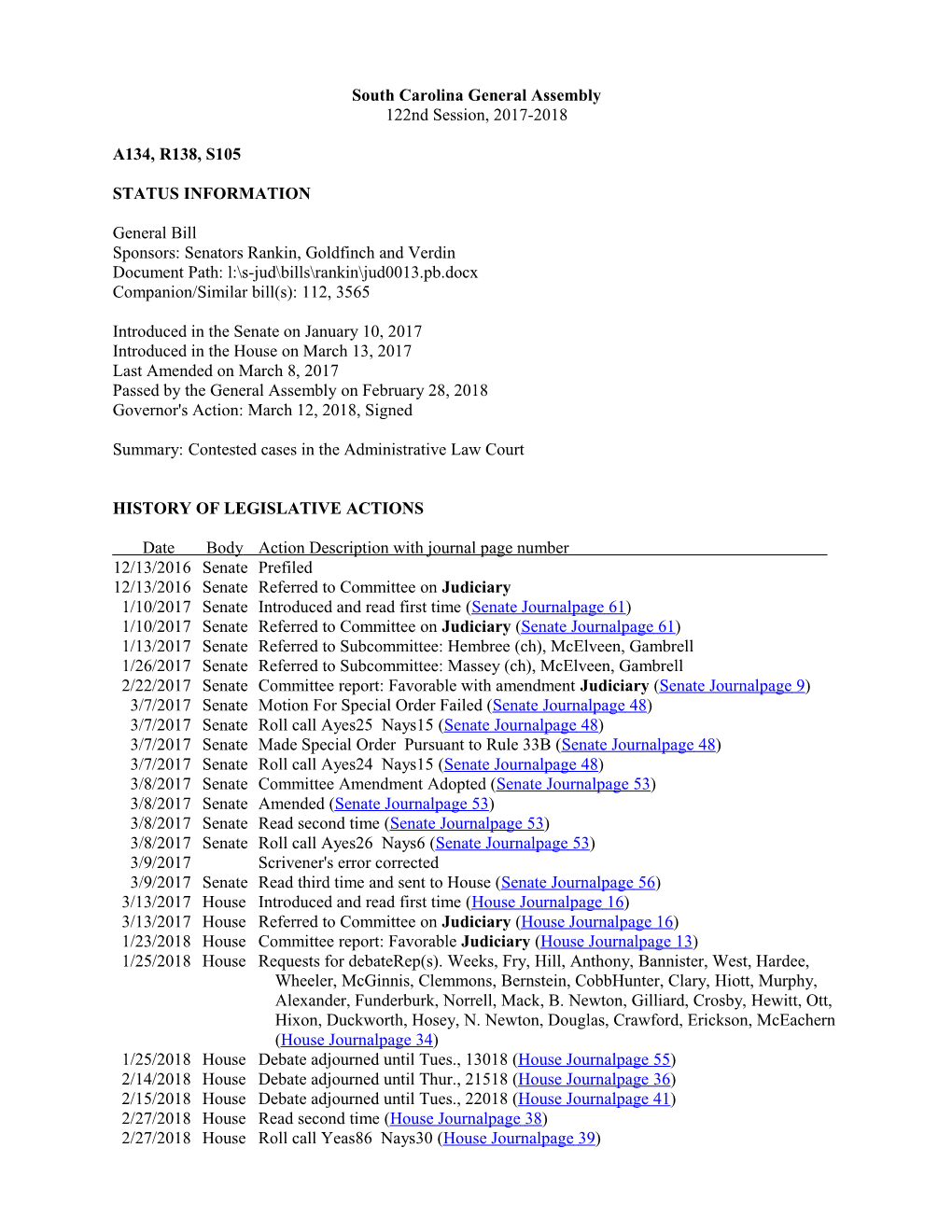 2017-2018 Bill 105: Contested Cases in the Administrative Law Court - South Carolina Legislature