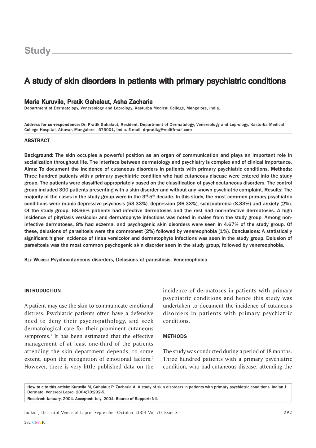 A Study of Skin Disorders in Patients with Primary Psychiatric Conditions