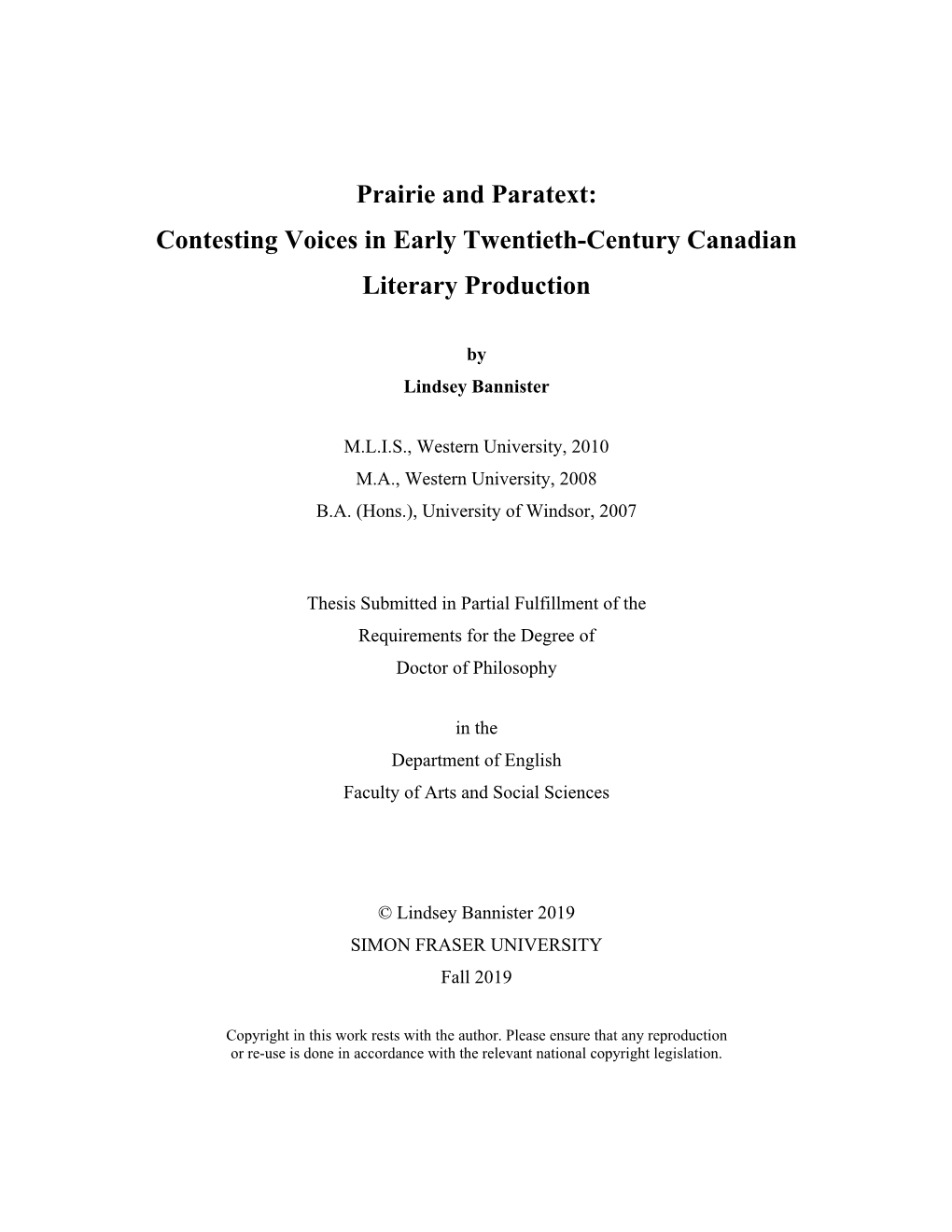 Prairie and Paratext: Contesting Voices in Early Twentieth-Century Canadian Literary Production