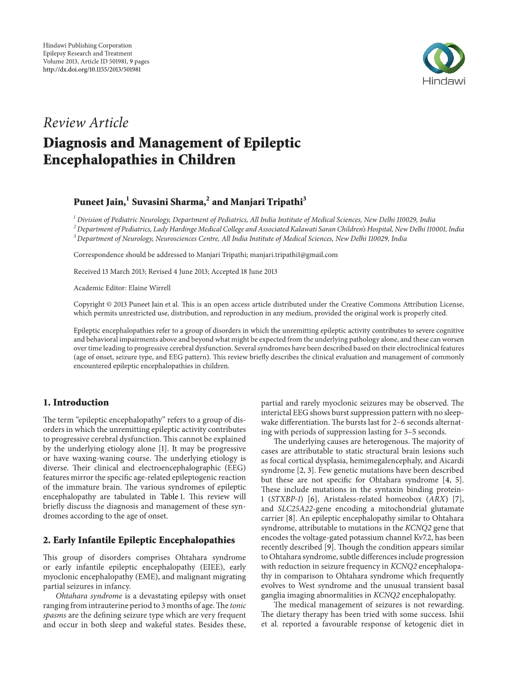 Review Article Diagnosis and Management of Epileptic Encephalopathies in Children