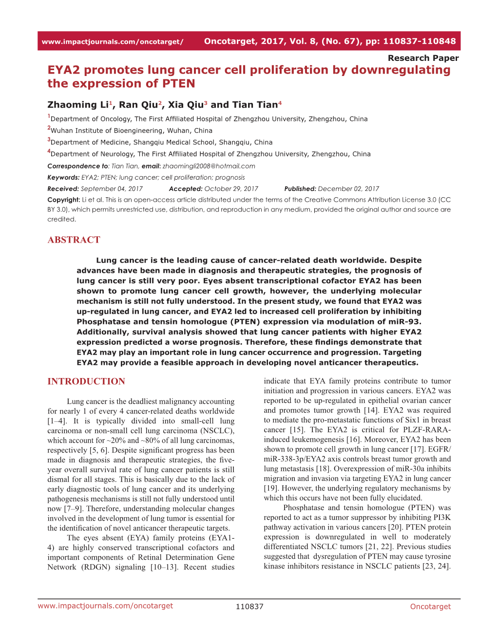 EYA2 Promotes Lung Cancer Cell Proliferation by Downregulating the Expression of PTEN