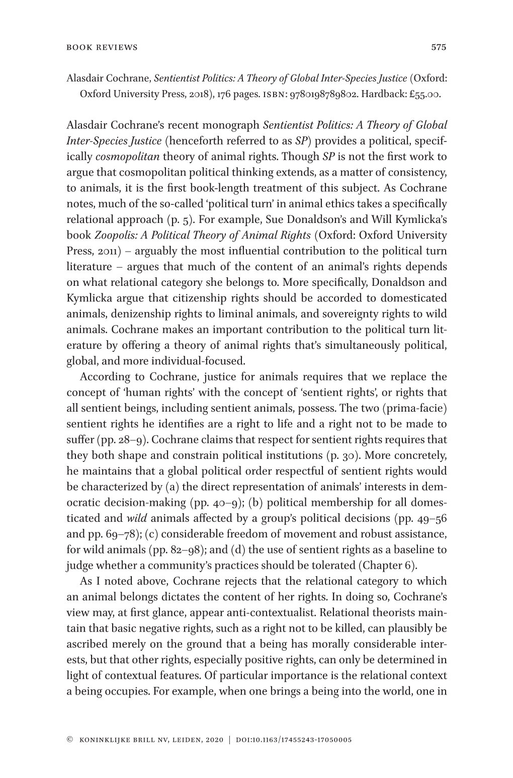 575 Alasdair Cochrane's Recent Monograph Sentientist Politics