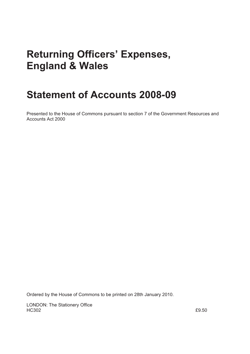 Returning Officers' Expenses, England & Wales Statement of Accounts