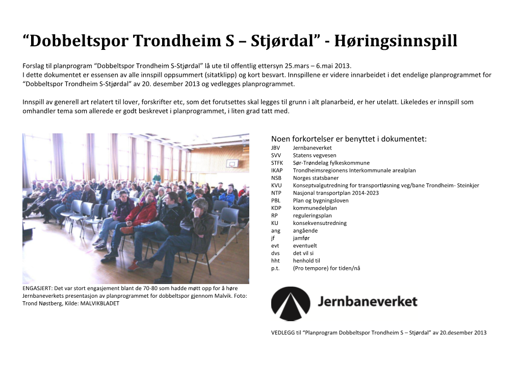“Dobbeltspor Trondheim S – Stjørdal” - Høringsinnspill