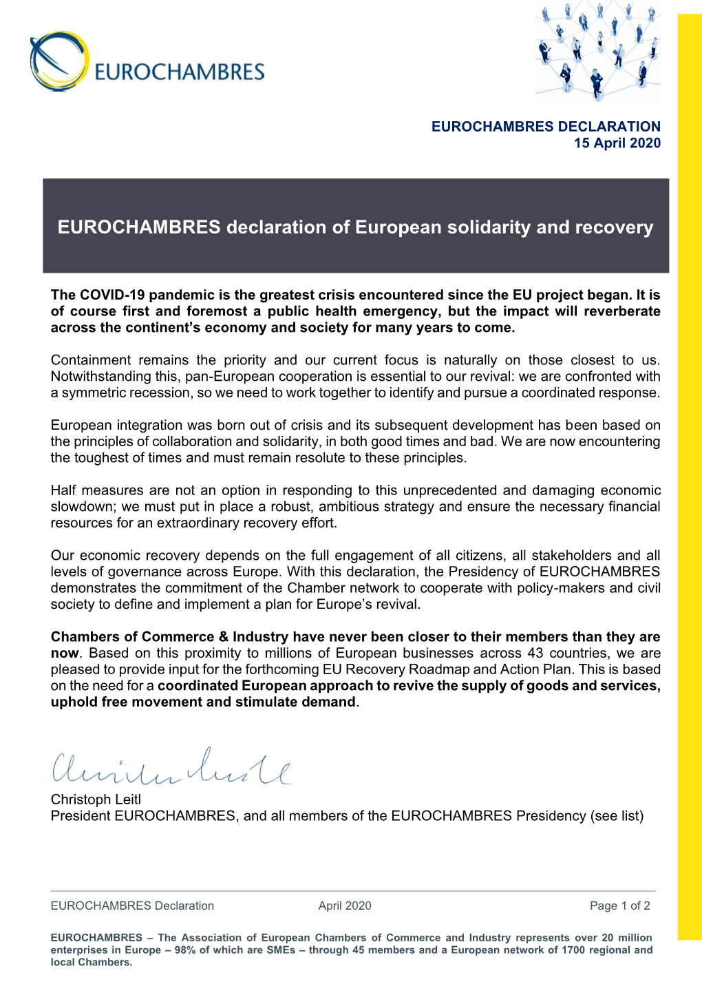 EUROCHAMBRES Declaration of European Solidarity and Recovery