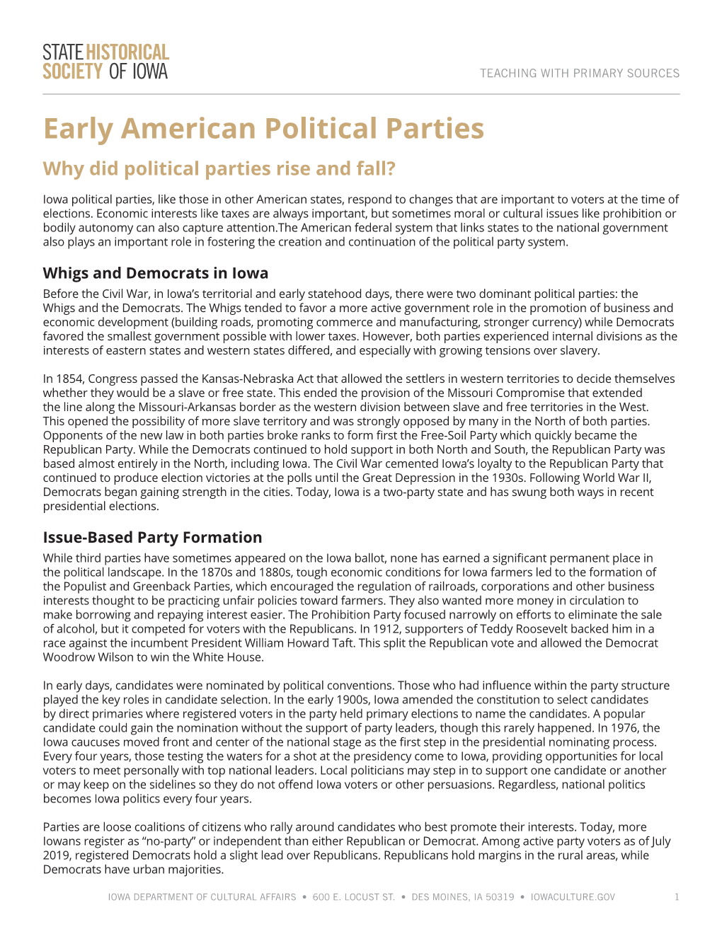 Early American Political Parties Teaching Guide