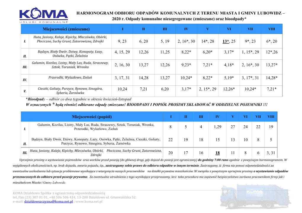 HARMONOGRAM ODBIORU ODPADÓW KOMUNALNYCH Z TERENU MIASTA I GMINY LUBOWIDZ – 2020 R