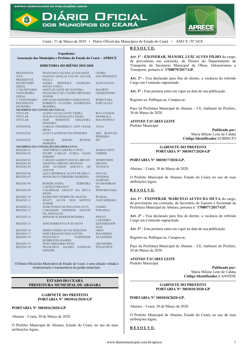 Ceará , 31 De Março De 2020 • Diário Oficial Dos Municípios Do Estado Do Ceará • ANO X | Nº 2418
