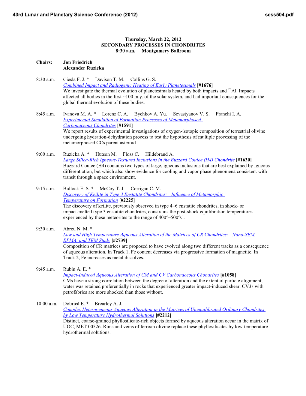 SECONDARY PROCESSES in CHONDRITES 8:30 A.M