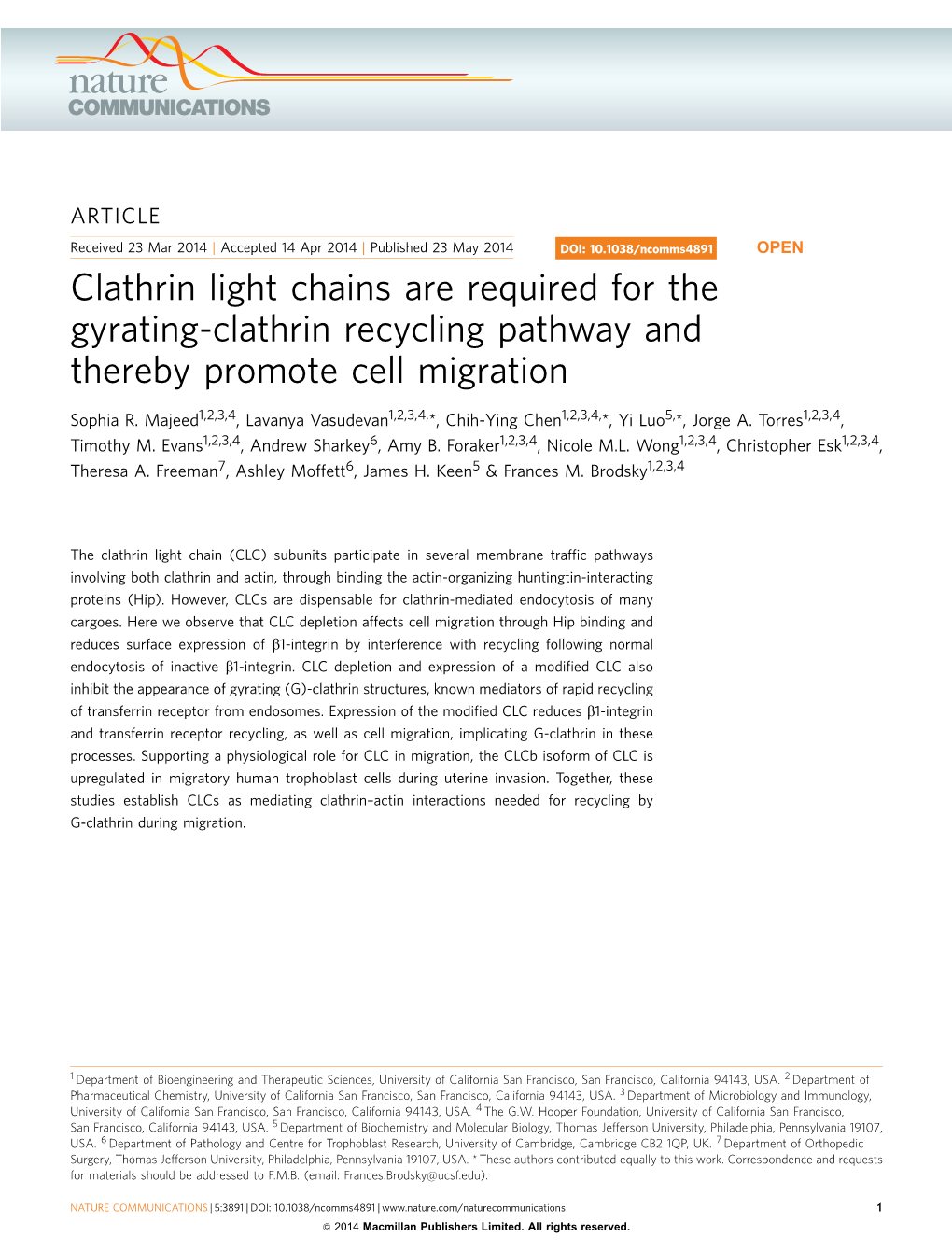 Clathrin Light Chains Are Required for the Gyrating-Clathrin Recycling Pathway and Thereby Promote Cell Migration