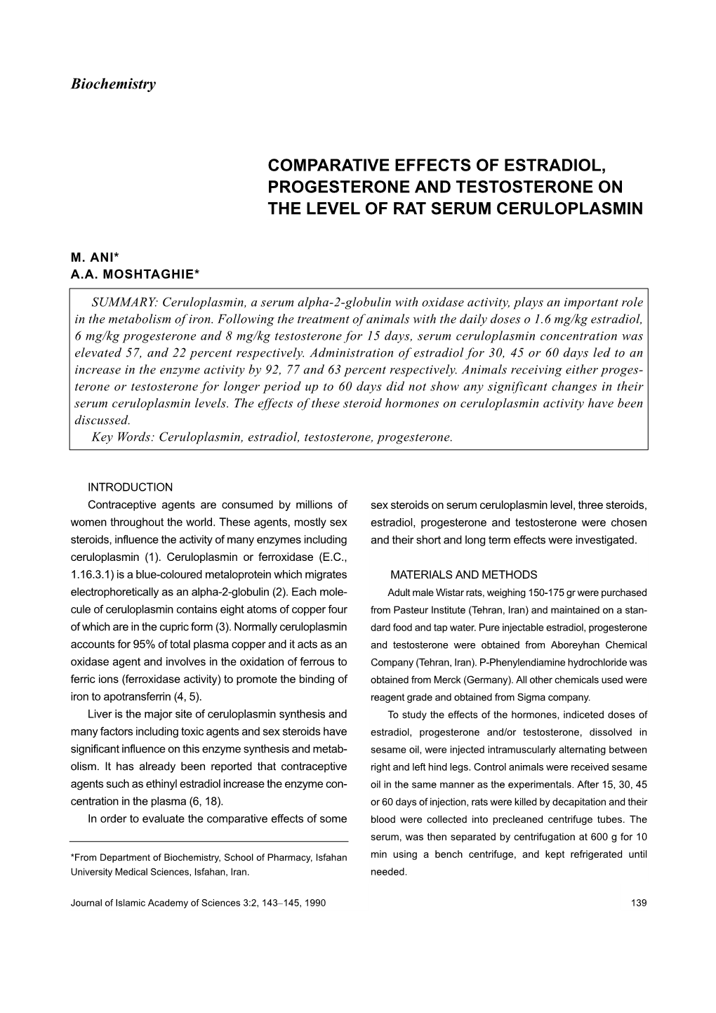 Comparative Effects of Estradiol, Progesterone and Testosterone on the Level of Rat Serum Ceruloplasmin