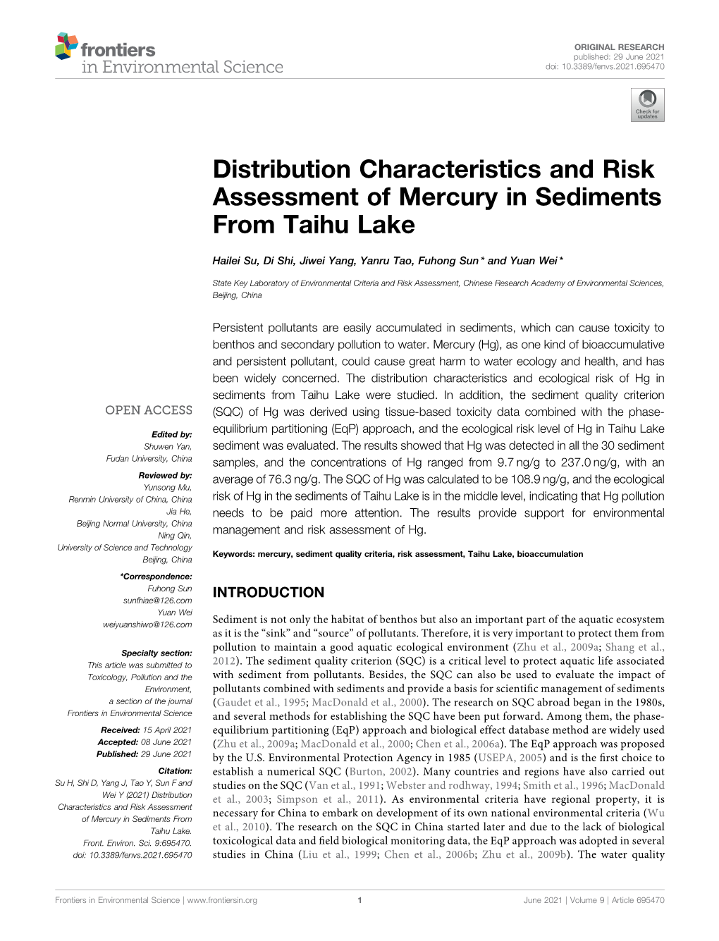 Distribution Characteristics and Risk Assessment of Mercury in Sediments from Taihu Lake