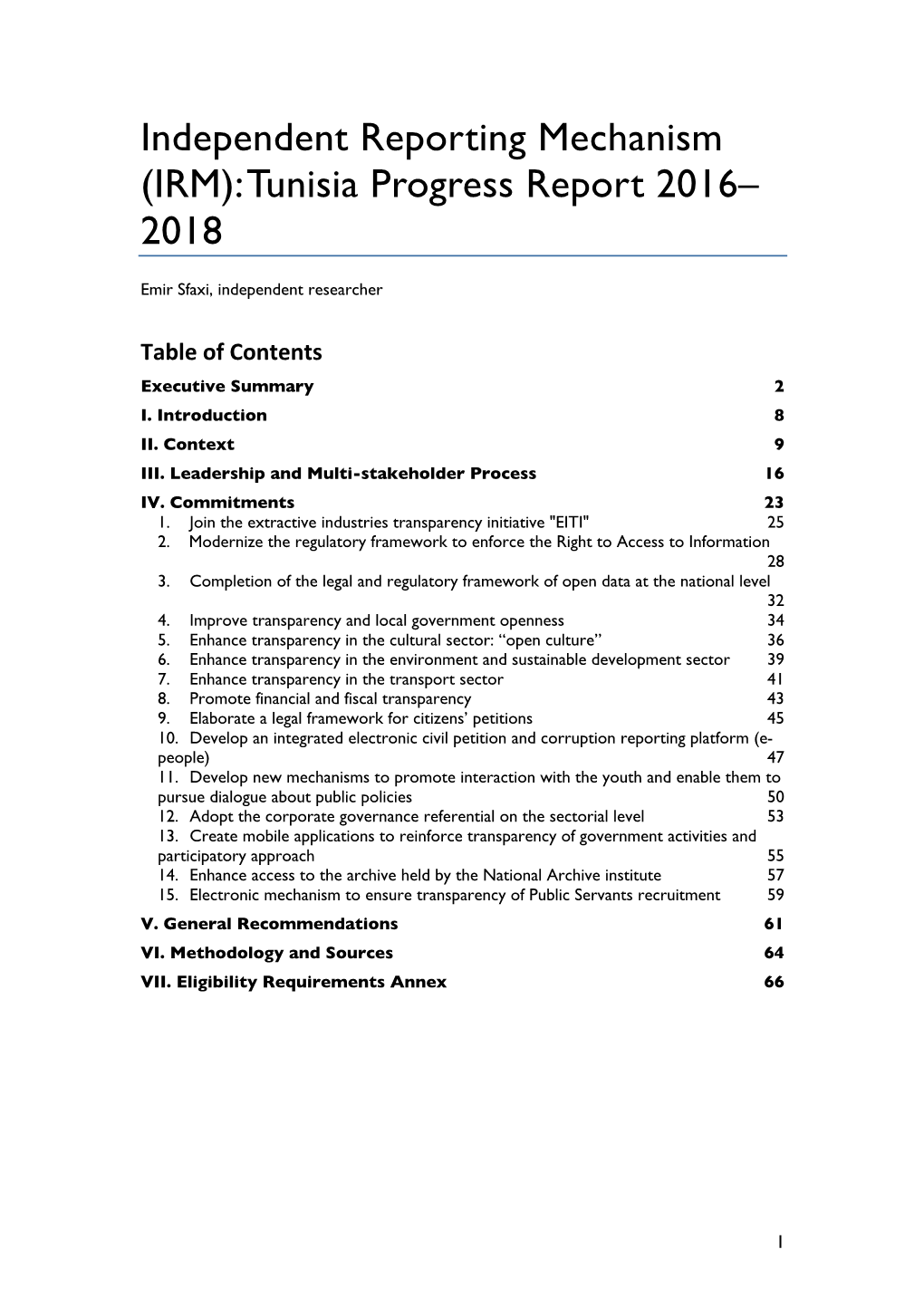 (IRM): Tunisia Progress Report 2016– 2018