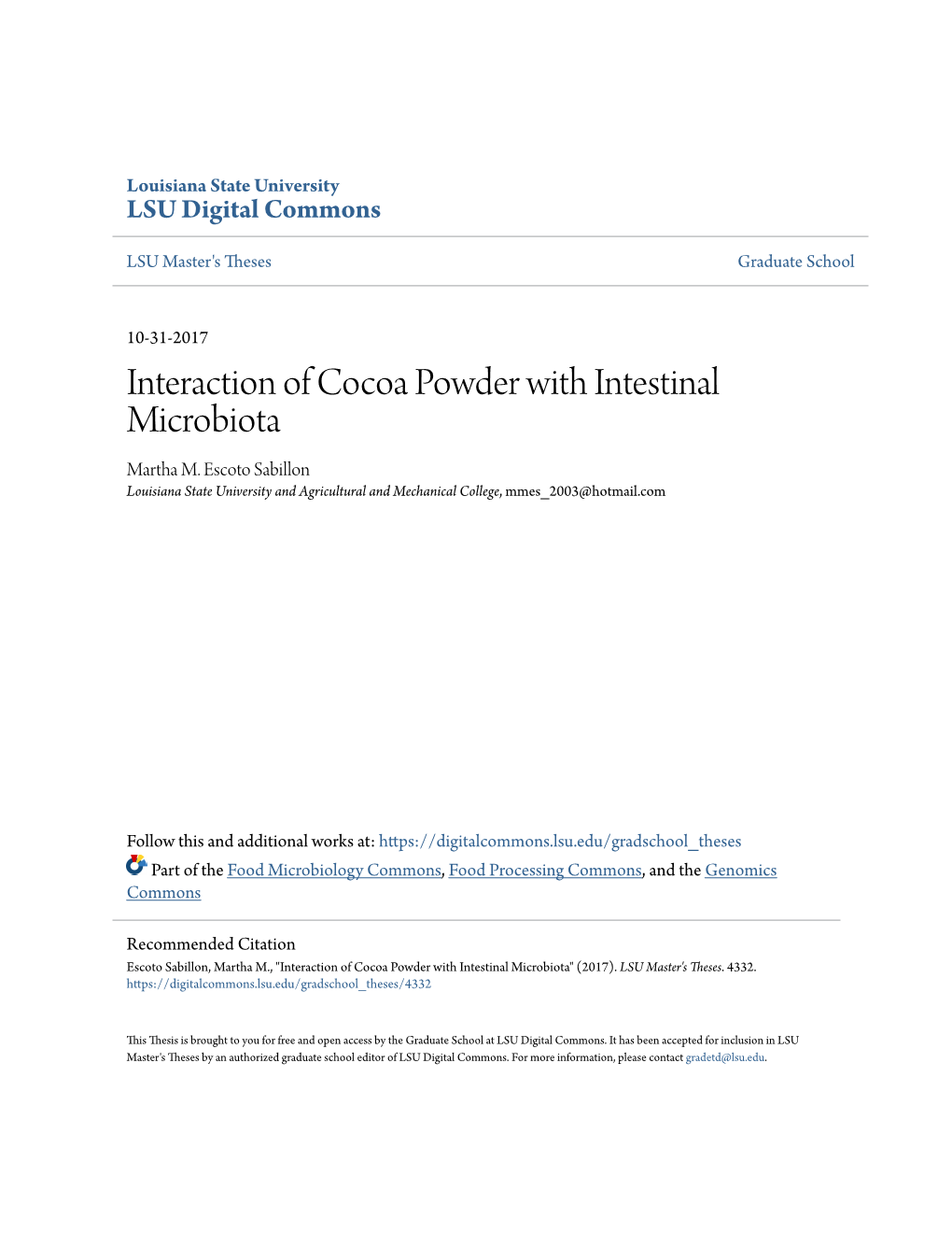Interaction of Cocoa Powder with Intestinal Microbiota Martha M