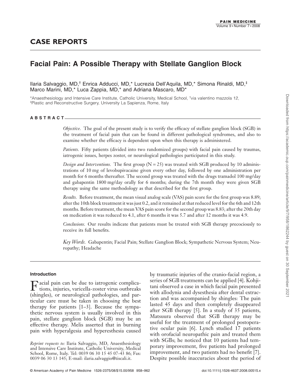 Facial Pain: a Possible Therapy with Stellate Ganglion Block