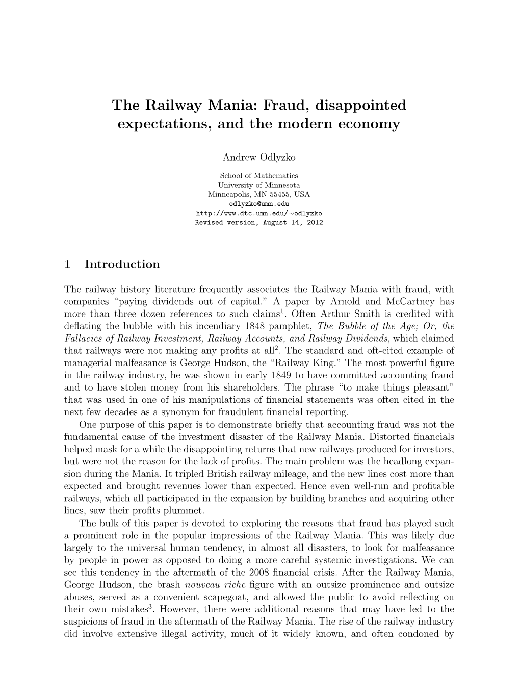 The Railway Mania: Fraud, Disappointed Expectations, and the Modern Economy