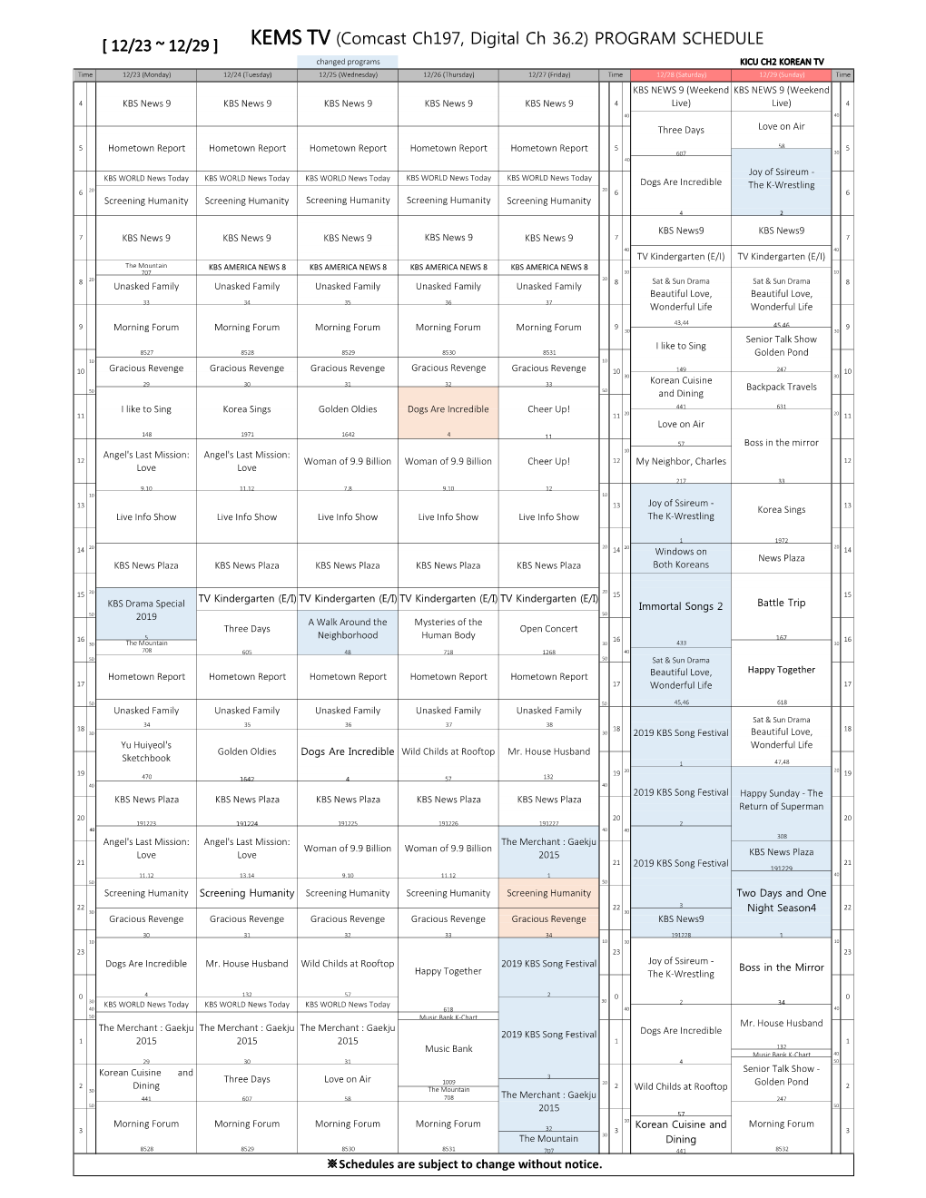 [ 12/23 ~ 12/29 ] KEMS TV (Comcast Ch197, Digital Ch 36.2) PROGRAM