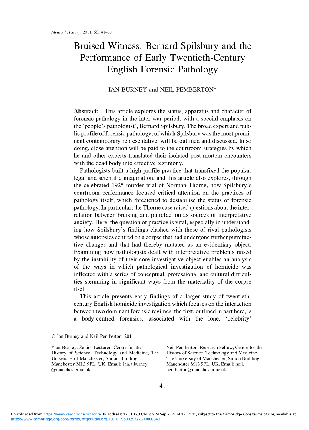 Bruised Witness: Bernard Spilsbury and the Performance of Early Twentieth-Century English Forensic Pathology