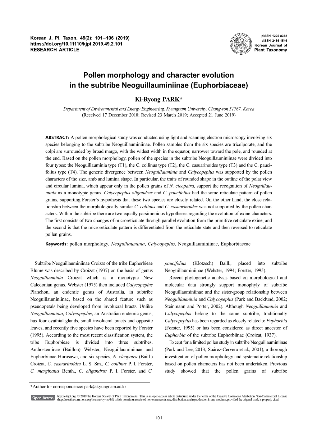 Pollen Morphology and Character Evolution in the Subtribe Neoguillauminiinae (Euphorbiaceae)