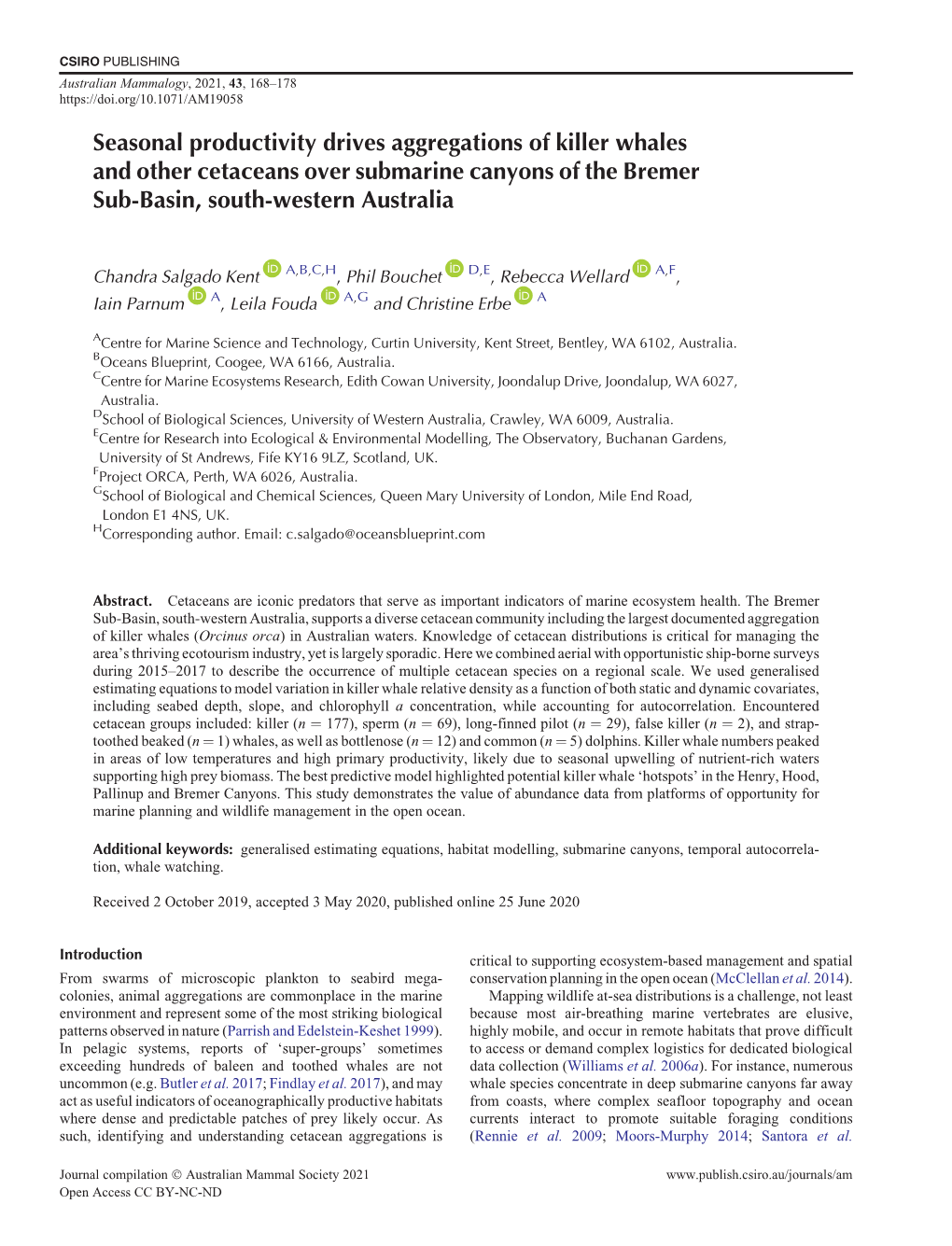 Seasonal Productivity Drives Aggregations of Killer Whales and Other Cetaceans Over Submarine Canyons of the Bremer Sub-Basin, South-Western Australia